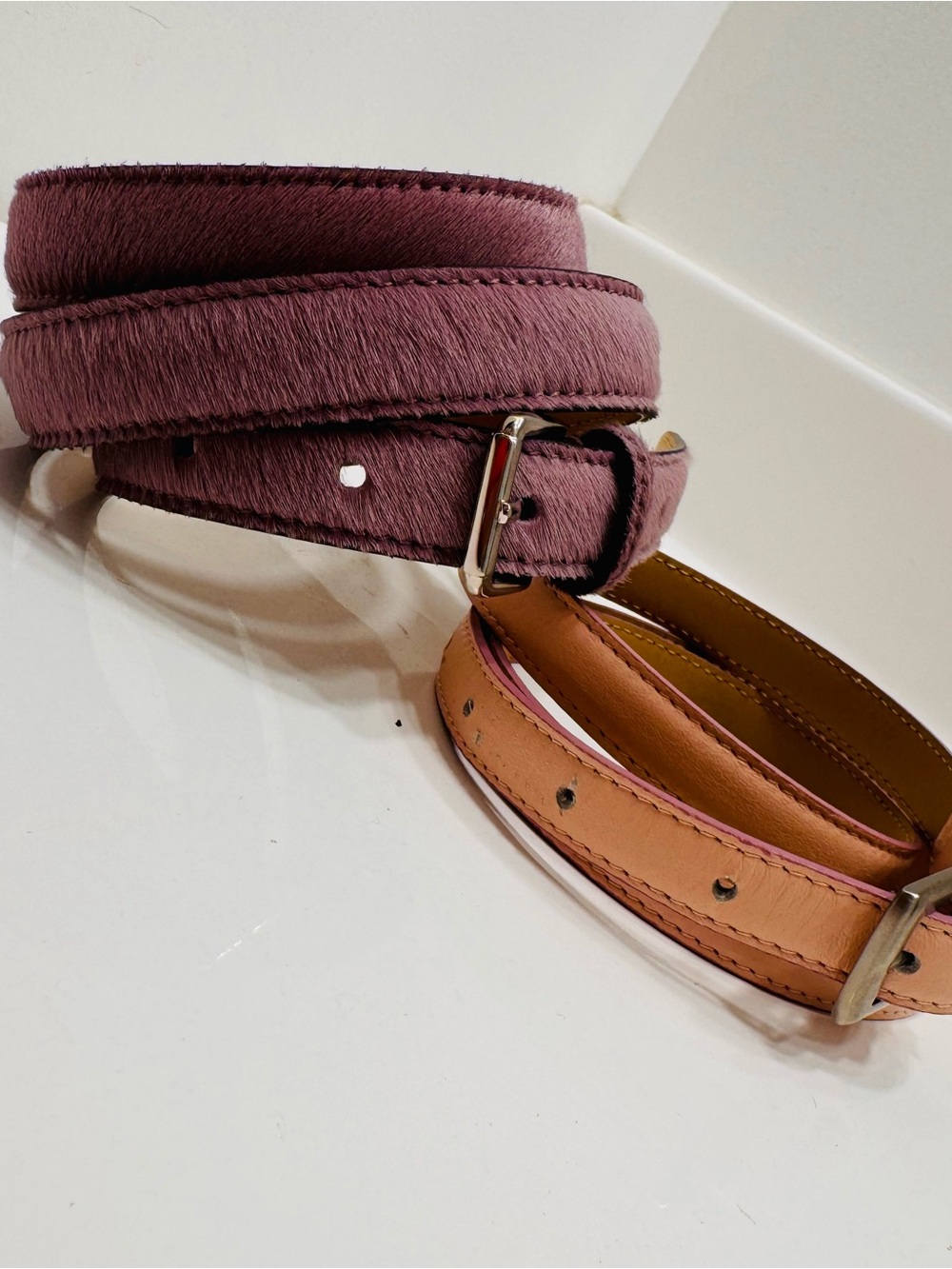 Women’s Leather Belt Set - lavender calf-hair and blush with purple edging.